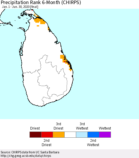 Sri Lanka Precipitation Rank 6-Month (CHIRPS) Thematic Map For 1/1/2020 - 6/30/2020