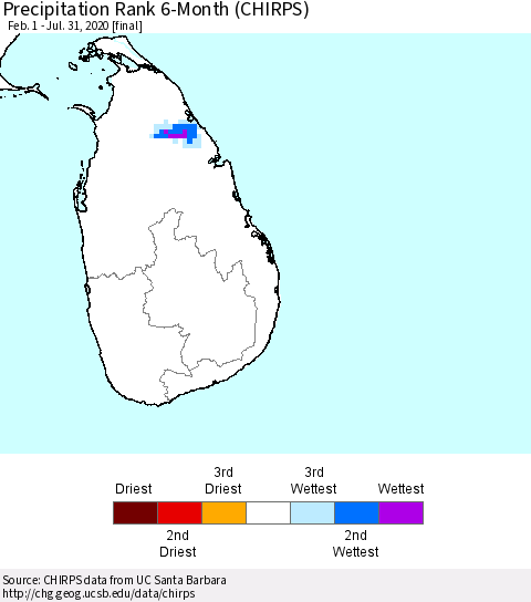 Sri Lanka Precipitation Rank since 1981, 6-Month (CHIRPS) Thematic Map For 2/1/2020 - 7/31/2020