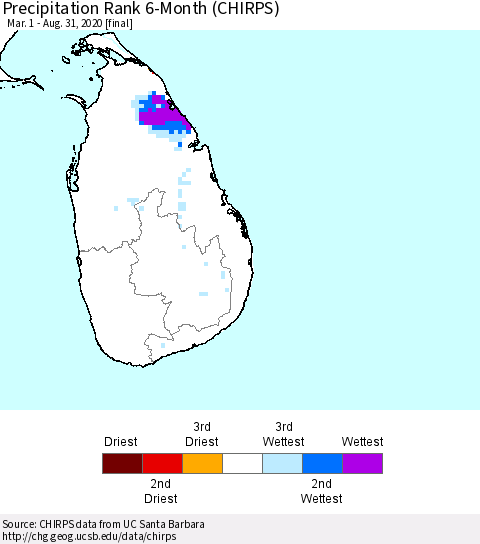Sri Lanka Precipitation Rank 6-Month (CHIRPS) Thematic Map For 3/1/2020 - 8/31/2020