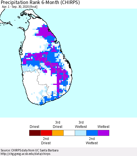 Sri Lanka Precipitation Rank 6-Month (CHIRPS) Thematic Map For 4/1/2020 - 9/30/2020