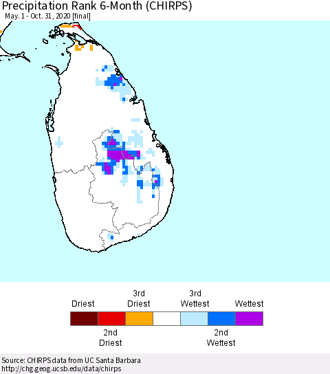 Sri Lanka Precipitation Rank 6-Month (CHIRPS) Thematic Map For 5/1/2020 - 10/31/2020