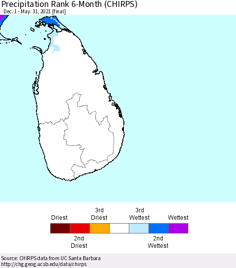 Sri Lanka Precipitation Rank 6-Month (CHIRPS) Thematic Map For 12/1/2020 - 5/31/2021