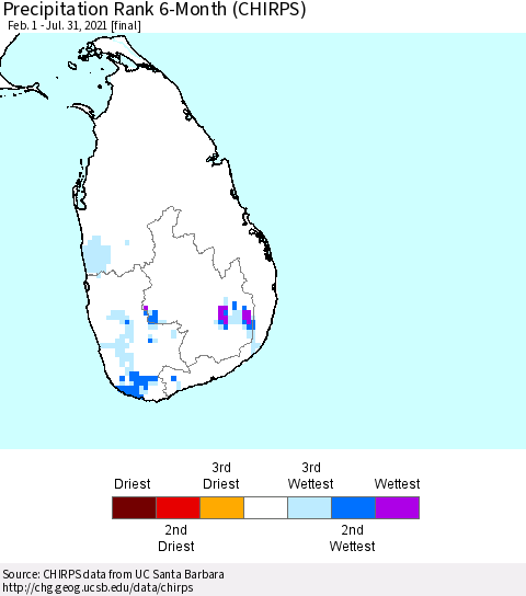 Sri Lanka Precipitation Rank since 1981, 6-Month (CHIRPS) Thematic Map For 2/1/2021 - 7/31/2021
