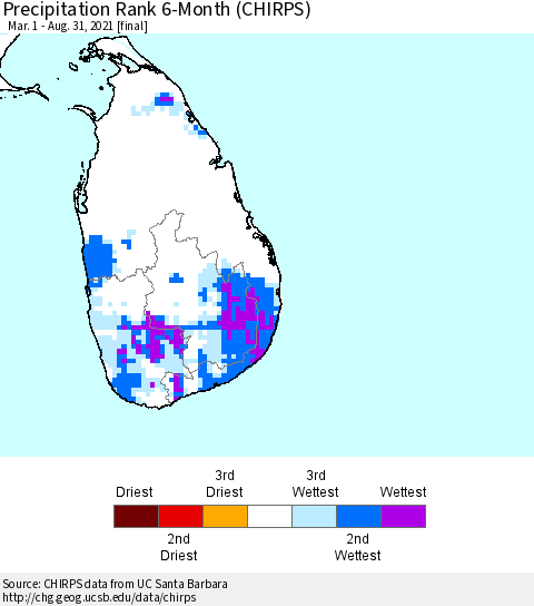 Sri Lanka Precipitation Rank since 1981, 6-Month (CHIRPS) Thematic Map For 3/1/2021 - 8/31/2021