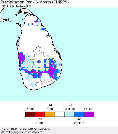 Sri Lanka Precipitation Rank 6-Month (CHIRPS) Thematic Map For 4/1/2021 - 9/30/2021