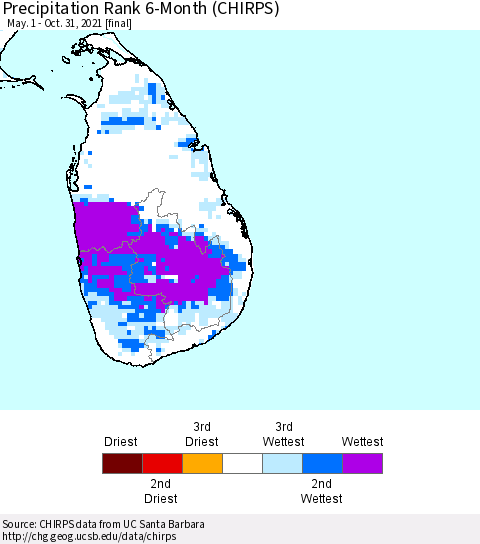 Sri Lanka Precipitation Rank since 1981, 6-Month (CHIRPS) Thematic Map For 5/1/2021 - 10/31/2021