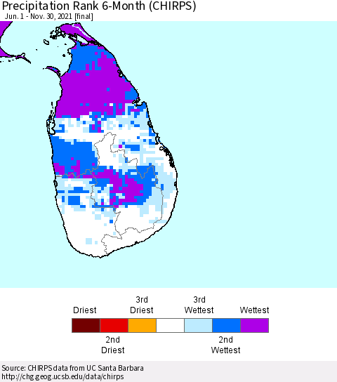 Sri Lanka Precipitation Rank 6-Month (CHIRPS) Thematic Map For 6/1/2021 - 11/30/2021