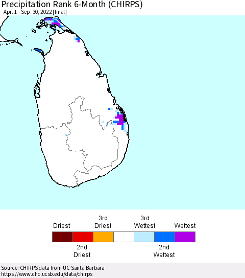 Sri Lanka Precipitation Rank 6-Month (CHIRPS) Thematic Map For 4/1/2022 - 9/30/2022