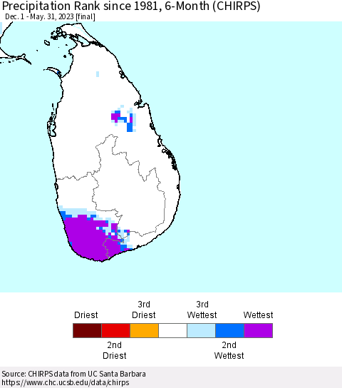 Sri Lanka Precipitation Rank since 1981, 6-Month (CHIRPS) Thematic Map For 12/1/2022 - 5/31/2023