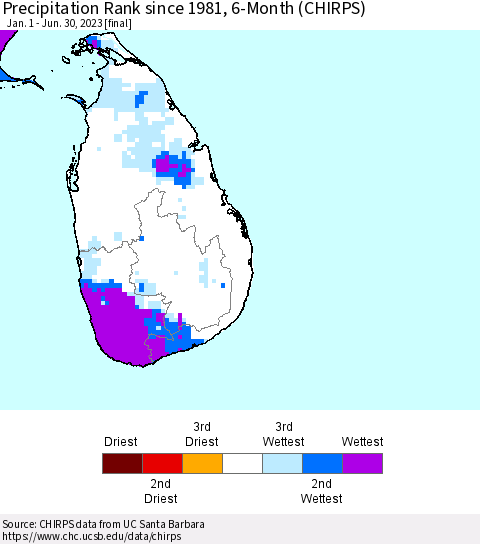 Sri Lanka Precipitation Rank since 1981, 6-Month (CHIRPS) Thematic Map For 1/1/2023 - 6/30/2023