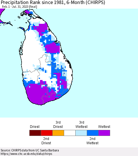 Sri Lanka Precipitation Rank since 1981, 6-Month (CHIRPS) Thematic Map For 2/1/2023 - 7/31/2023