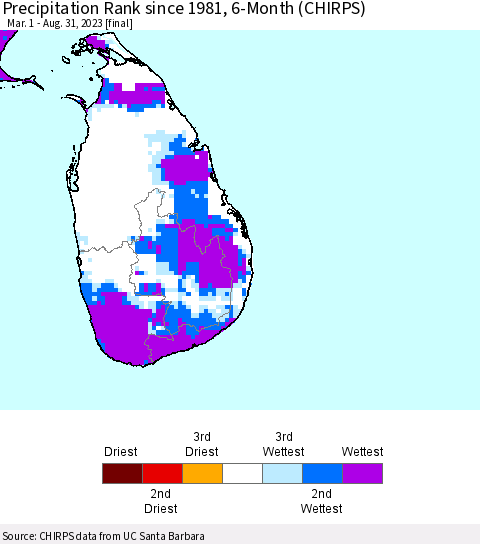 Sri Lanka Precipitation Rank since 1981, 6-Month (CHIRPS) Thematic Map For 3/1/2023 - 8/31/2023