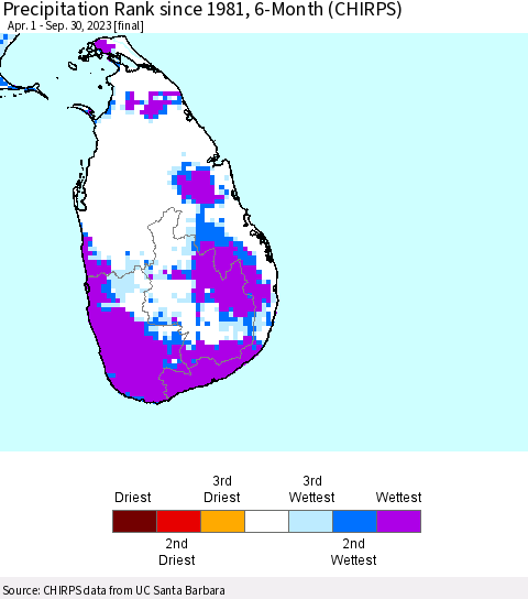 Sri Lanka Precipitation Rank since 1981, 6-Month (CHIRPS) Thematic Map For 4/1/2023 - 9/30/2023