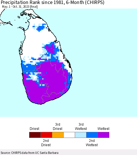 Sri Lanka Precipitation Rank since 1981, 6-Month (CHIRPS) Thematic Map For 5/1/2023 - 10/31/2023