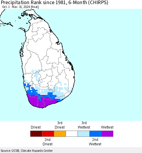 Sri Lanka Precipitation Rank since 1981, 6-Month (CHIRPS) Thematic Map For 10/1/2023 - 3/31/2024