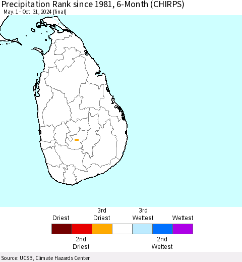Sri Lanka Precipitation Rank since 1981, 6-Month (CHIRPS) Thematic Map For 5/1/2024 - 10/31/2024
