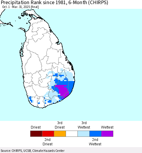 Sri Lanka Precipitation Rank since 1981, 6-Month (CHIRPS) Thematic Map For 10/1/2024 - 3/31/2025