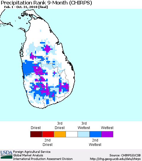 Sri Lanka Precipitation Rank since 1981, 9-Month (CHIRPS) Thematic Map For 2/1/2018 - 10/31/2018