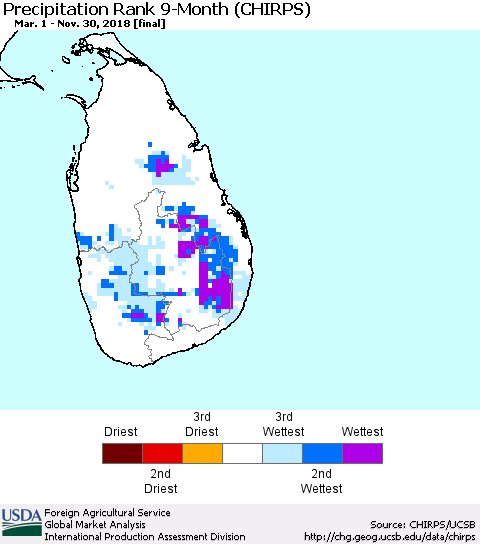 Sri Lanka Precipitation Rank since 1981, 9-Month (CHIRPS) Thematic Map For 3/1/2018 - 11/30/2018