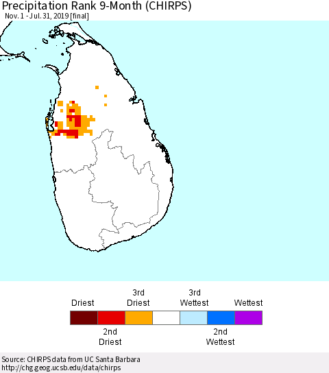Sri Lanka Precipitation Rank since 1981, 9-Month (CHIRPS) Thematic Map For 11/1/2018 - 7/31/2019