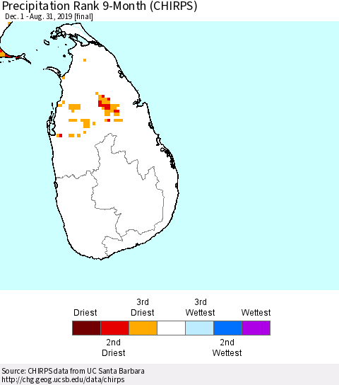 Sri Lanka Precipitation Rank since 1981, 9-Month (CHIRPS) Thematic Map For 12/1/2018 - 8/31/2019