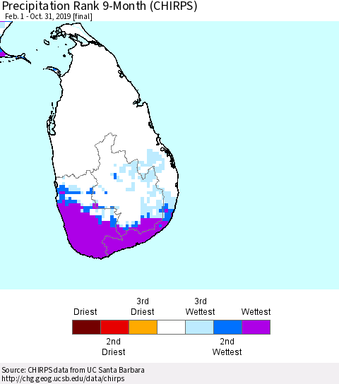 Sri Lanka Precipitation Rank since 1981, 9-Month (CHIRPS) Thematic Map For 2/1/2019 - 10/31/2019