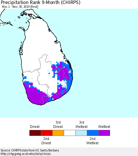 Sri Lanka Precipitation Rank since 1981, 9-Month (CHIRPS) Thematic Map For 3/1/2019 - 11/30/2019