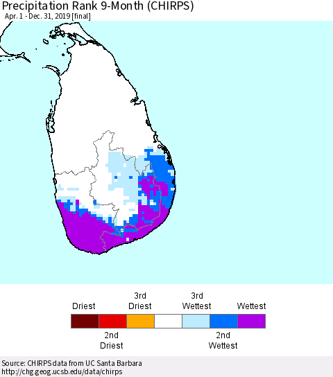 Sri Lanka Precipitation Rank since 1981, 9-Month (CHIRPS) Thematic Map For 4/1/2019 - 12/31/2019