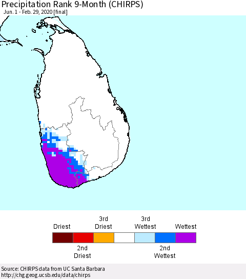 Sri Lanka Precipitation Rank 9-Month (CHIRPS) Thematic Map For 6/1/2019 - 2/29/2020