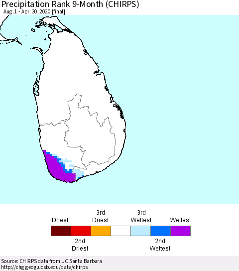 Sri Lanka Precipitation Rank 9-Month (CHIRPS) Thematic Map For 8/1/2019 - 4/30/2020