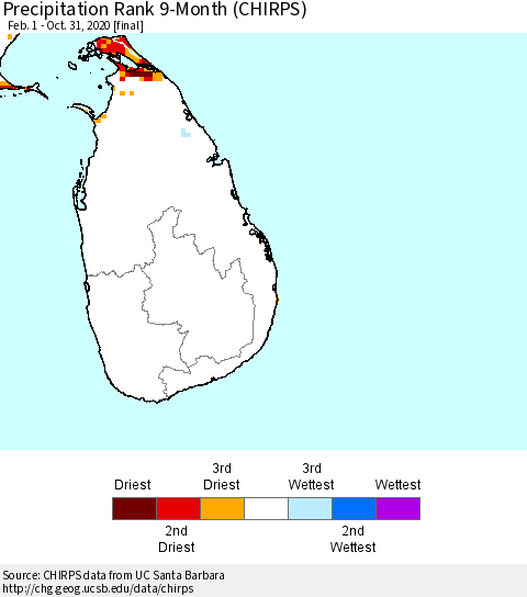 Sri Lanka Precipitation Rank 9-Month (CHIRPS) Thematic Map For 2/1/2020 - 10/31/2020