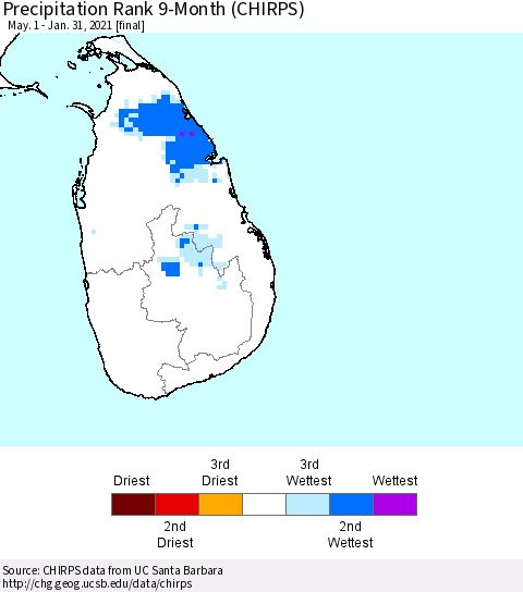 Sri Lanka Precipitation Rank 9-Month (CHIRPS) Thematic Map For 5/1/2020 - 1/31/2021