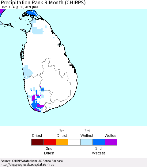 Sri Lanka Precipitation Rank since 1981, 9-Month (CHIRPS) Thematic Map For 12/1/2020 - 8/31/2021