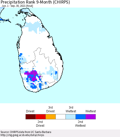 Sri Lanka Precipitation Rank since 1981, 9-Month (CHIRPS) Thematic Map For 1/1/2021 - 9/30/2021