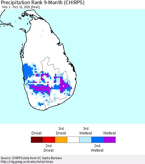 Sri Lanka Precipitation Rank since 1981, 9-Month (CHIRPS) Thematic Map For 2/1/2021 - 10/31/2021