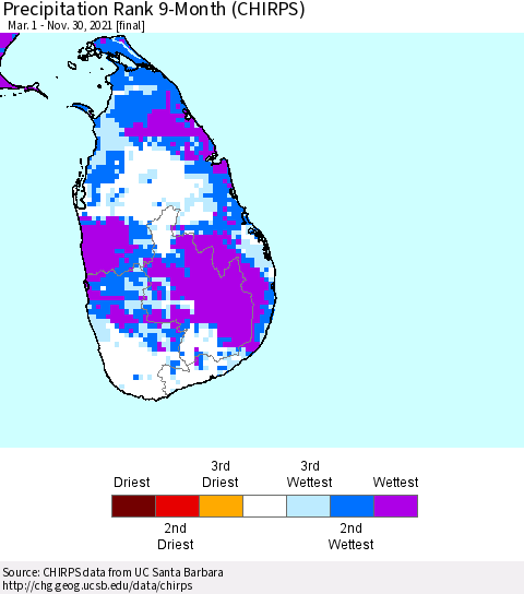 Sri Lanka Precipitation Rank 9-Month (CHIRPS) Thematic Map For 3/1/2021 - 11/30/2021