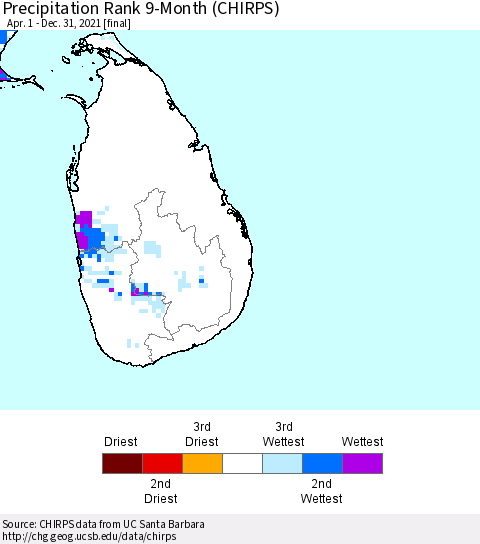 Sri Lanka Precipitation Rank since 1981, 9-Month (CHIRPS) Thematic Map For 4/1/2021 - 12/31/2021