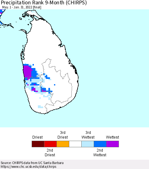 Sri Lanka Precipitation Rank since 1981, 9-Month (CHIRPS) Thematic Map For 5/1/2021 - 1/31/2022