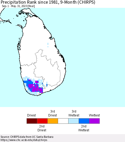 Sri Lanka Precipitation Rank since 1981, 9-Month (CHIRPS) Thematic Map For 9/1/2022 - 5/31/2023
