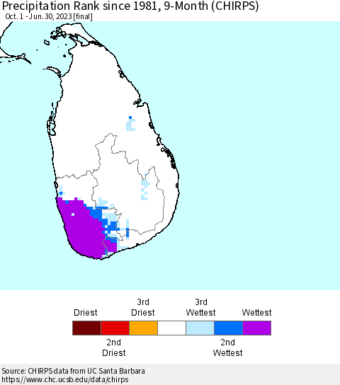 Sri Lanka Precipitation Rank since 1981, 9-Month (CHIRPS) Thematic Map For 10/1/2022 - 6/30/2023