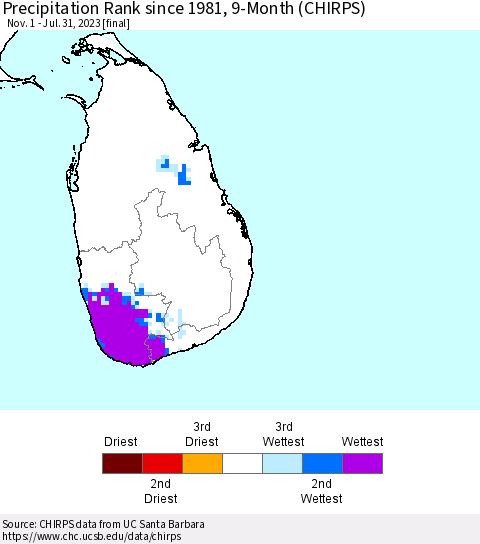 Sri Lanka Precipitation Rank since 1981, 9-Month (CHIRPS) Thematic Map For 11/1/2022 - 7/31/2023