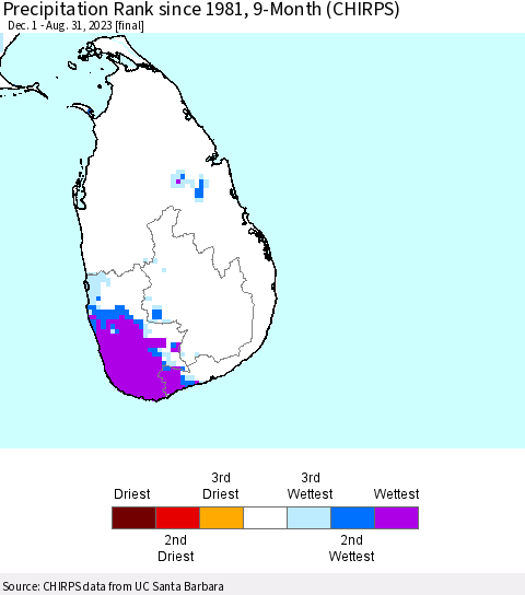 Sri Lanka Precipitation Rank since 1981, 9-Month (CHIRPS) Thematic Map For 12/1/2022 - 8/31/2023