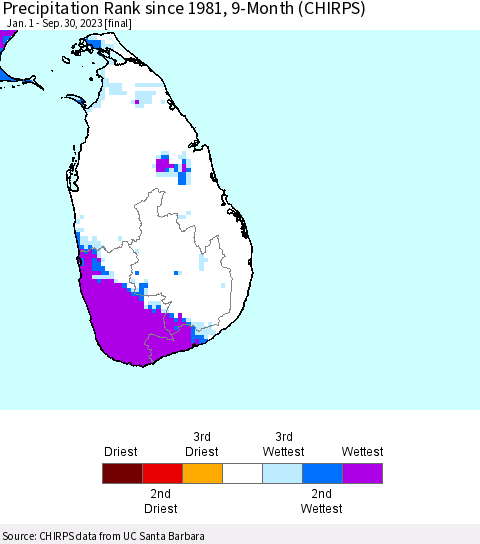 Sri Lanka Precipitation Rank since 1981, 9-Month (CHIRPS) Thematic Map For 1/1/2023 - 9/30/2023