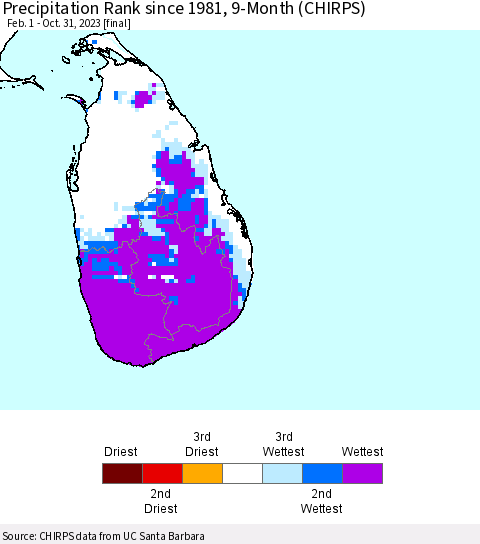 Sri Lanka Precipitation Rank since 1981, 9-Month (CHIRPS) Thematic Map For 2/1/2023 - 10/31/2023