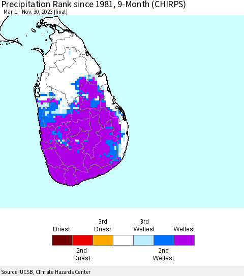 Sri Lanka Precipitation Rank since 1981, 9-Month (CHIRPS) Thematic Map For 3/1/2023 - 11/30/2023