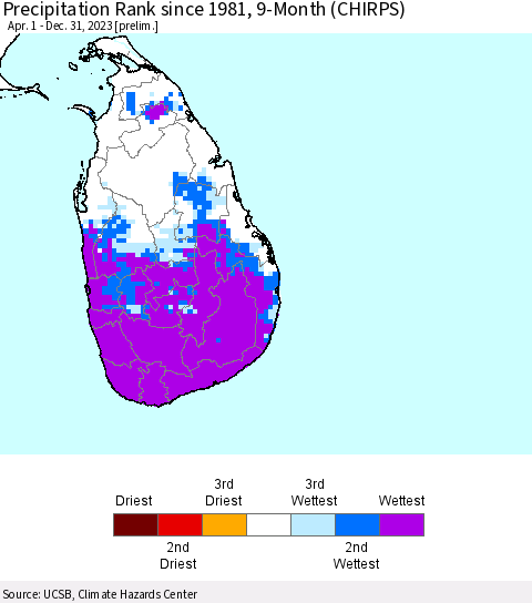 Sri Lanka Precipitation Rank since 1981, 9-Month (CHIRPS) Thematic Map For 4/1/2023 - 12/31/2023