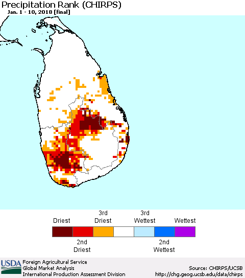 Sri Lanka Precipitation Rank since 1981 (CHIRPS) Thematic Map For 1/1/2018 - 1/10/2018