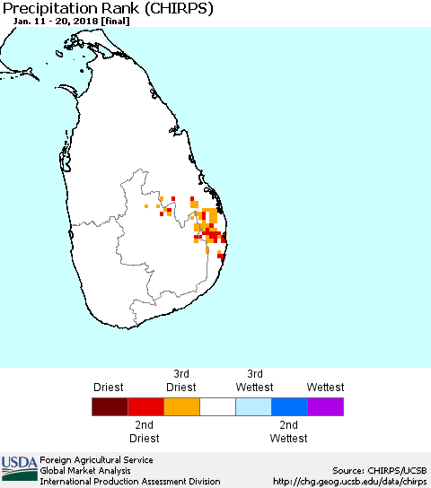 Sri Lanka Precipitation Rank since 1981 (CHIRPS) Thematic Map For 1/11/2018 - 1/20/2018