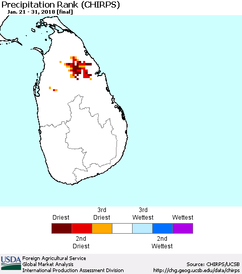 Sri Lanka Precipitation Rank since 1981 (CHIRPS) Thematic Map For 1/21/2018 - 1/31/2018
