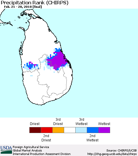 Sri Lanka Precipitation Rank since 1981 (CHIRPS) Thematic Map For 2/21/2018 - 2/28/2018